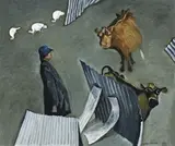Farmyard Construction With Self Portrait by William Robinson, c.1982 - 83, oil on canvas, sold Nov 2011