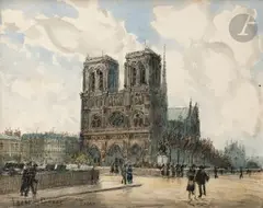 Paris, Notre-Dame by Frank Myers Boggs, Fusain et aquarelle, sold Jun 2024