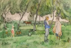 La Conversation au jardin by Jules Adler, Aquarelle, sold Jun 2024