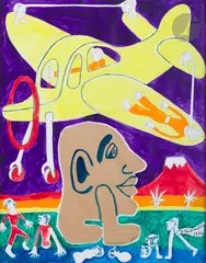 Aviateur, tête et Mont Fuji by Yvon Taillandier, 1974, Gouache sur traits de crayon et collage, sold Jun 2024