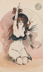 Jeune femme au chapeau de plumes by Carl Happel, Aquarelle, encre et fusain, sold Jun 2024