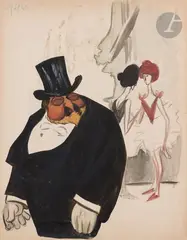 Édouard VII et les petites danseuses by Tomás Julio Leal Camara Da, Gouache, lavis d'encre et rehaut de craie blanche, sold Jun 2024