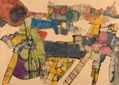 Ramblas de las flores by Maurice Estève, 1968, Encre, aquarelle et collage de papier journaux, sold May 2024