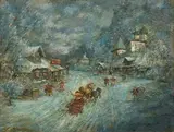 Troïka traversant un village, c. 1930 by Constantin Alexeeevitch Korovine, Huile et gouache sur panneau, sold May 2024