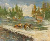 Troïka sur un pont, c. 1930 by Constantin Alexeeevitch Korovine, Huile et gouache sur carton, sold May 2024