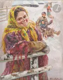Paysanne à la barrière by Fedot Vassilievitch Sytchkov, 1929, Aquarelle et gouache, sold May 2024