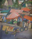 Le Marché et la voiture à bras by Alfréd Réth, 1963, Huile et collage sur toile, sold Apr 2024