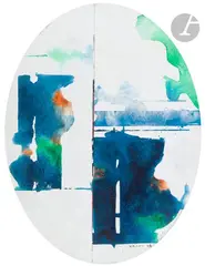 Composition by Paul Kallos, 1984, Acrylique sur collage de toiles montées sur toile ovale, sold Apr 2024