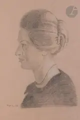 Étude pour le portrait de Marguerite Lang by Yannis Tsarouchis, 1974, Crayon noir et pierre blanche sur papier, sold Apr 2024