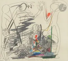 Composition au personnage by Suzanne Roger, 1948, Mine de plomb, gouache et crayon de couleur, sold Apr 2024
