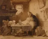 La lecture du soir : trois personnages dans un intérieur by Ferdinand Braekalaer, Aquarelle et rehauts de plume et encre brune, sold Dec 2019