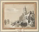 Paysage fluvial animé by Eugène Isabey, Lavis gris sur traits de crayon noir, rehauts de gouache blanche et rehauts de plume et en, sold Dec 2019