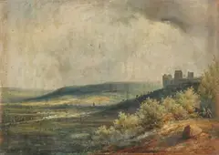 Vue d'une ville surplombée par une forteresse by Ferdinand Perrot, Toile d'origine de Ottoz, sold Dec 2019