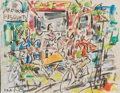 Café : Jardins Bosquet by Gen Paul, Gouache, sold Nov 2019