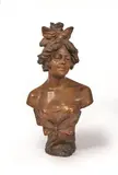 Buste de femme drapée by Friedrich Goldscheider, Terre cuite à patine dorée, incrustations de nacre, édition signée, sold Oct 2019