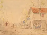 La halte à l'auberge by Jules Jacques Veyrassat, Aquarelle, sold Dec 2016