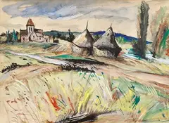 Paysage d'Ile de France by Anders Osterlind, 1956, Gouache, encre et aquarelle sur papier, sold Apr 2017