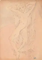 Nu assis, les bras derrière la tête by Jules Pascin, Plume, encre de Chine et aquarelle signée en bas à droite; cachet de l'atelier en bas à dr, sold Mar 2017