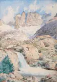 Paysage de montagne à la cascade by Édouard Brun, Aquarelle signée en bas à gauche, sold Nov 2016