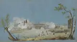 Bataille sur un pont by Eugène Bazin, Gouache miniature signée en bas à droite, sold Jul 2022