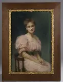 Jeune femme assise à la robe rose by Marthe de Peslouan, Pastel signé, dédicacé "A monsieur le capitaine de Beauvais, sold Jul 2022