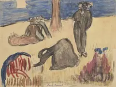 Personnages en bord de rivière by Émile Bernard, 1889, Aquarelle double face, sold Jun 2022