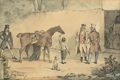 Un marchand de chevaux anglais, en 1828 by Eugène Lami, Lithographie au crayon et à la plume coloriée au patron avec retouches, sold May 2022