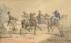 Chevaux de Louage au Bois de Boulogne, en 1828 by Eugène Lami, Lithographie au crayon et à la plume coloriée au patron avec retouches, sold May 2022