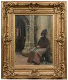 Mendiant dans une église by Émile Friant, Panneau d'acajou, deux planches, non parqueté, sold May 2022