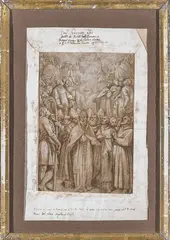 Le pape entouré d'une assemblée de saints sous la protection de la Trinité by Gaspare Celio, Plume et encre brune, lavis brun et rehauts de gouache blanche, sold Nov 2023