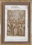 Le pape entouré d'une assemblée de saints sous la protection de la Trinité by Gaspare Celio, Plume et encre brune, lavis brun et rehauts de gouache blanche, sold Nov 2023