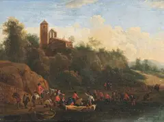 et Pieter BOUT (Bruxelles c.1658-1719) L'embarcadère by Adrien Frans Boudewyns, Panneau de chêne, une planche, non parqueté, sold Nov 2023