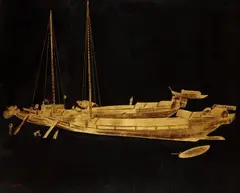 Le déchargement by U van An, Panneau en bois laqué à décor doré sur fond noir, sold Nov 2019