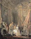 Le lever de la mariée by Jean-Démosthène Dugourc, Plume et encre noire, lavis noir, gris et brun, aquarelle et rehauts de blanc, sold May 2022