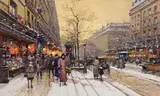 Les grands boulevards sous la neige le soir by Eugène Galien-Laloue, Aquarelle et gouache contrecollée sur carton signée en bas à gauche, sold Apr 2022