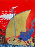 Personnage bleu sur un bateau doré by Alekos Fassianos, Lithographie et feuille d'or, sold Apr 2022