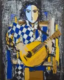 Arlequin musicien by Ismaël de la Serna, Gouache et collage sur carton, sold Apr 2022