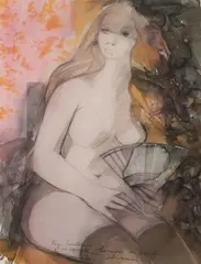 Nu à l'éventail by Camille Hilaire, Mine de plomb, encre et aquarelle sur papier, sold May 2022