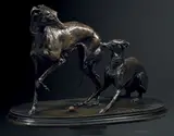 Groupe de deux levrettes jouant à la boule by Pierre-Jules Mêne, Épreuve en bronze à patine brun nuancé, sold Jun 2016
