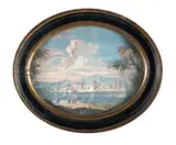 Paysage imaginaire animé de personnages au bord d'une rivière, un palais italien à colonnades en perspective by Giovanni Niccolò Servandoni, Gouache ovale, vers, sold Apr 2016