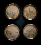 Rare suite de trois vues de Rome et une vue de Venise en tondo figurant: - La vue de la fontaine et la place du mont Quirinal - La vue de la rue Julia vers la p by Victor-Jean Nicolle, Plume, encre brune et gouache sur papier chamois, sold Apr 2016