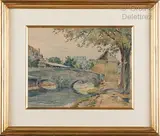 Le pont devant le village by René Leverd, Aquarelle sur papier ignée en bas à droite, sold Jul 2022