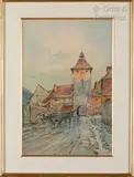 Charrette à vache devant un village by René Leverd, Aquarelle et crayon sur papier signé en bas à droite, sold Jul 2022