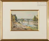 Le pont à Ganges by René Leverd, Aquarelle et crayon signée en bas à gauche et située en bas à droite, sold Jul 2022