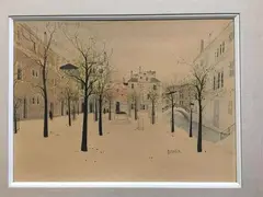 Vue d'une place de village avec pont by Georges Damin, Aquarelle, sold Feb 2019