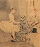 Je t'en prie ma chérie... dis-moi avec qui était ma femme ? by Jean-Louis Forain, Crayon noir et de couleurs et encre signé en bas à droite, sold Dec 2018