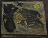 Nature morte aux poissons, cruche fleurie et citron by Raymond Guerrier, Toile signée en bas à droite, sold Dec 2018