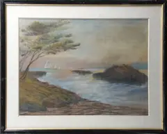 Côte rocheuse en Méditerranée au soleil couchant by Mathurin Janssaud, Pastel, sold Apr 2025