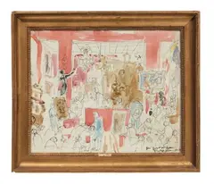 Scène de vente aux enchères, 1973 Dessin double face by Philippe Jullian, Aquarelle, encre et crayon sur papier, sold Oct 2016