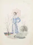 Elégante dans un paysage aux cerisiers en fleur. Projet d'illustration pour Le Jardin des modes by Pierre Mourgue, Crayon, aquarelle et gouache sur papier, sold Dec 2019